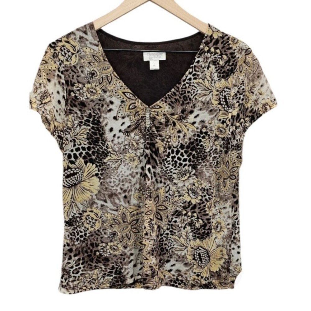 VTG Mesh Overlay Top Y2K Brown Floral Leopard Fairy Grunge Whimsigoth XL